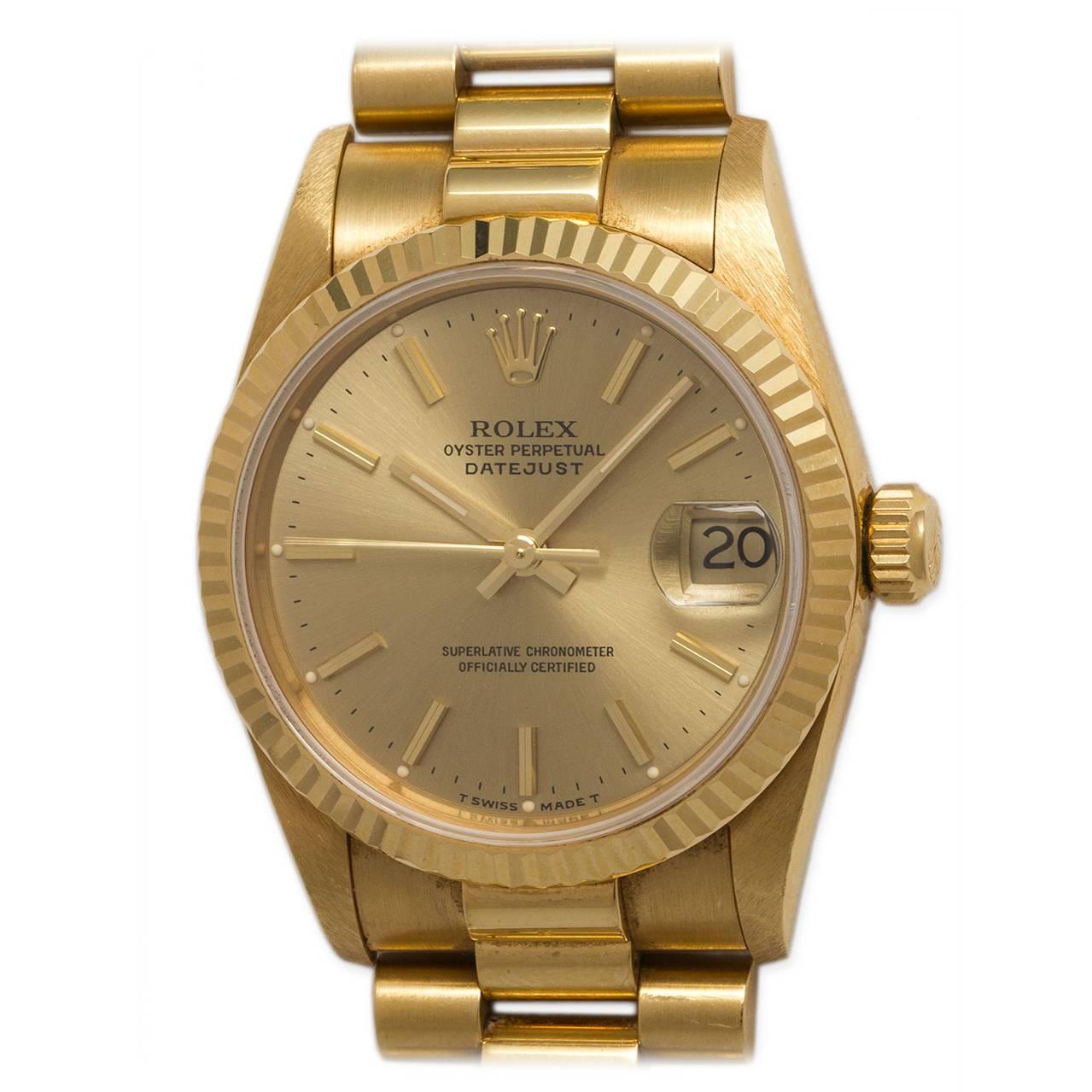 Rolex Yellow Gold Midsize Datejust Wristwatch Ref 68278 circa 1996