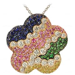 Luca Carati Multicolor Sapphire Diamond Gold Flower Pendant Necklace