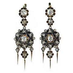 Antique Mid 19th Century Gold and Sterling Diamond Earrings