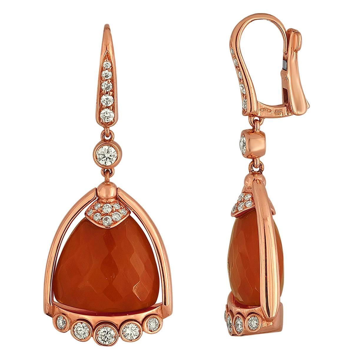 Angeletti Coral and Rose Gold Italian Diamond Earrings For Sale