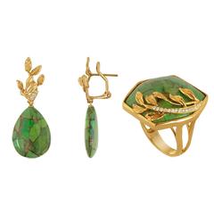 Green Turquoise Diamond Gold Earrings and Ring Set 7
