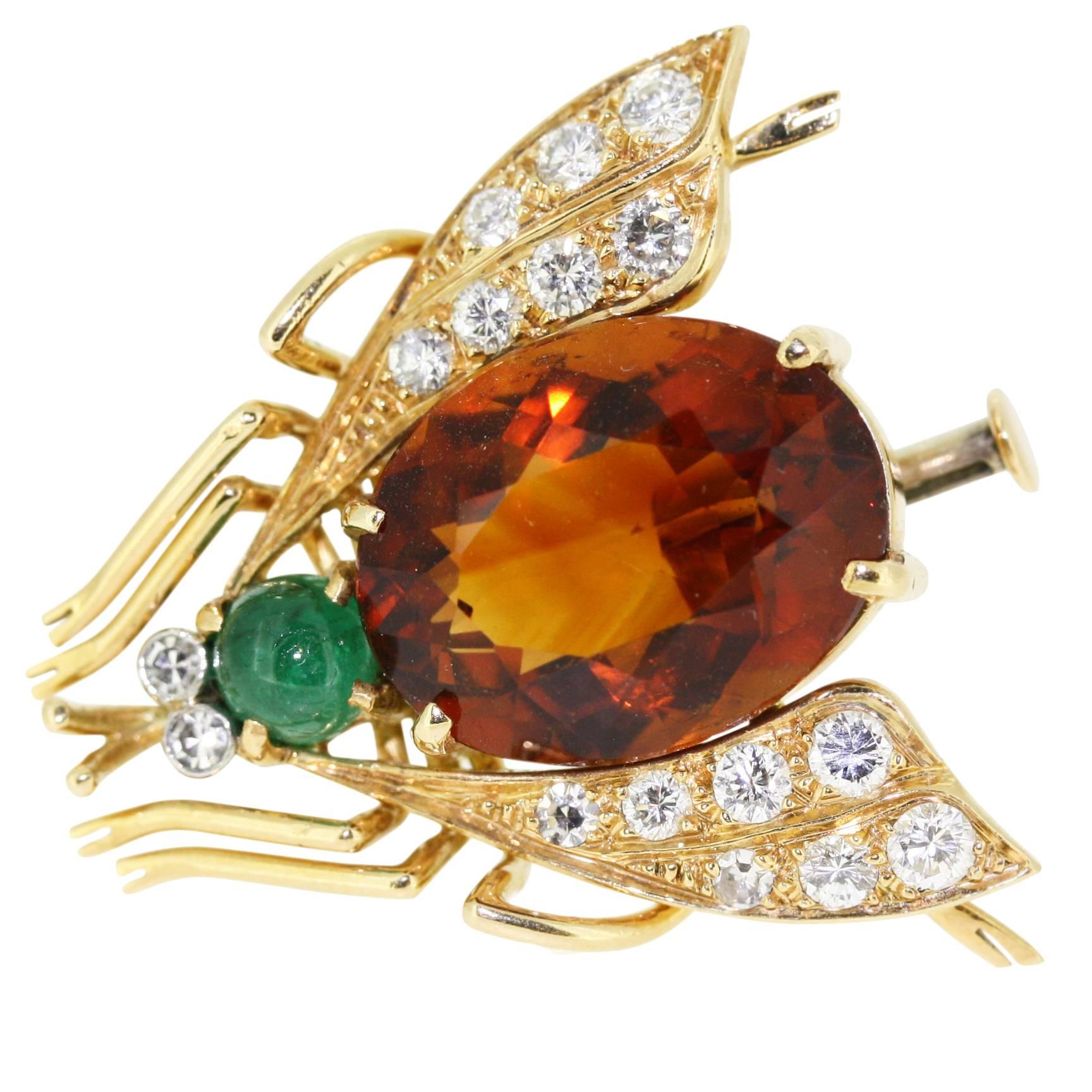 1980s Van Cleef & Arpels Citrine Emerald Diamond Gold Fly Pin For Sale