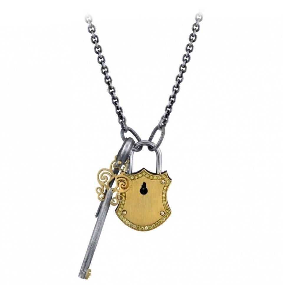 Hand Forged Diamond Silver Gold Lock and Key Pendant  For Sale