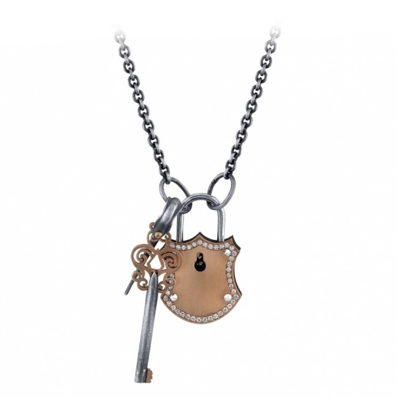 Diamond Rose Gold and Silver Lock and Key Necklace For Sale