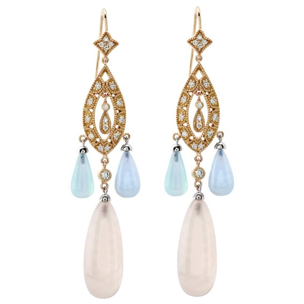 Chalcedony and Diamond Rose Gold Dangle Earrings For Sale