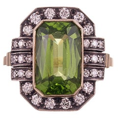 Anillo Placa Oro Plata Diamante Peridoto 6,53 Quilates