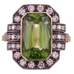 6.53 Carat Peridot Diamond Silver Gold Plaque Ring