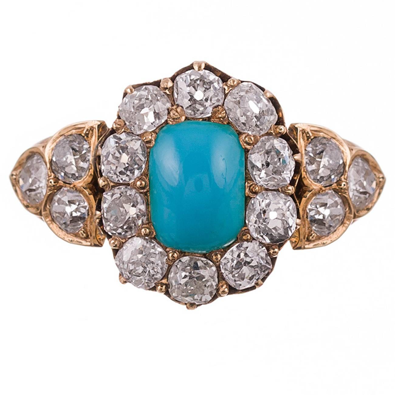 Victorian Turquoise and Old European Cut Diamond Cluster Ring