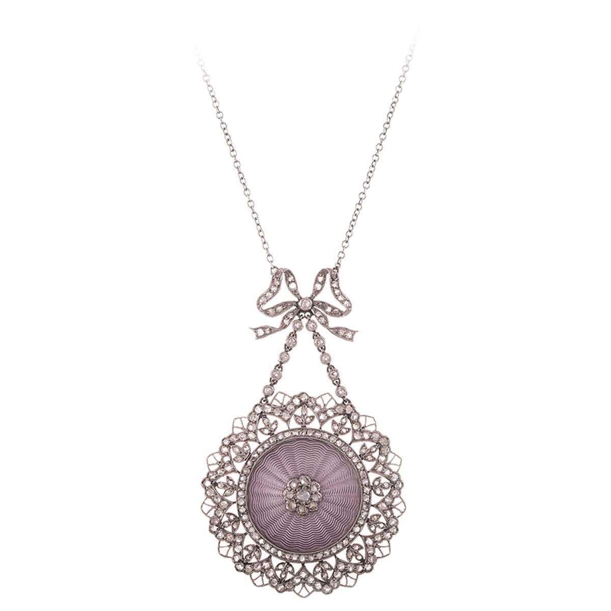 Edwardian Guilloche Enamel Diamond gold Pendant Locket