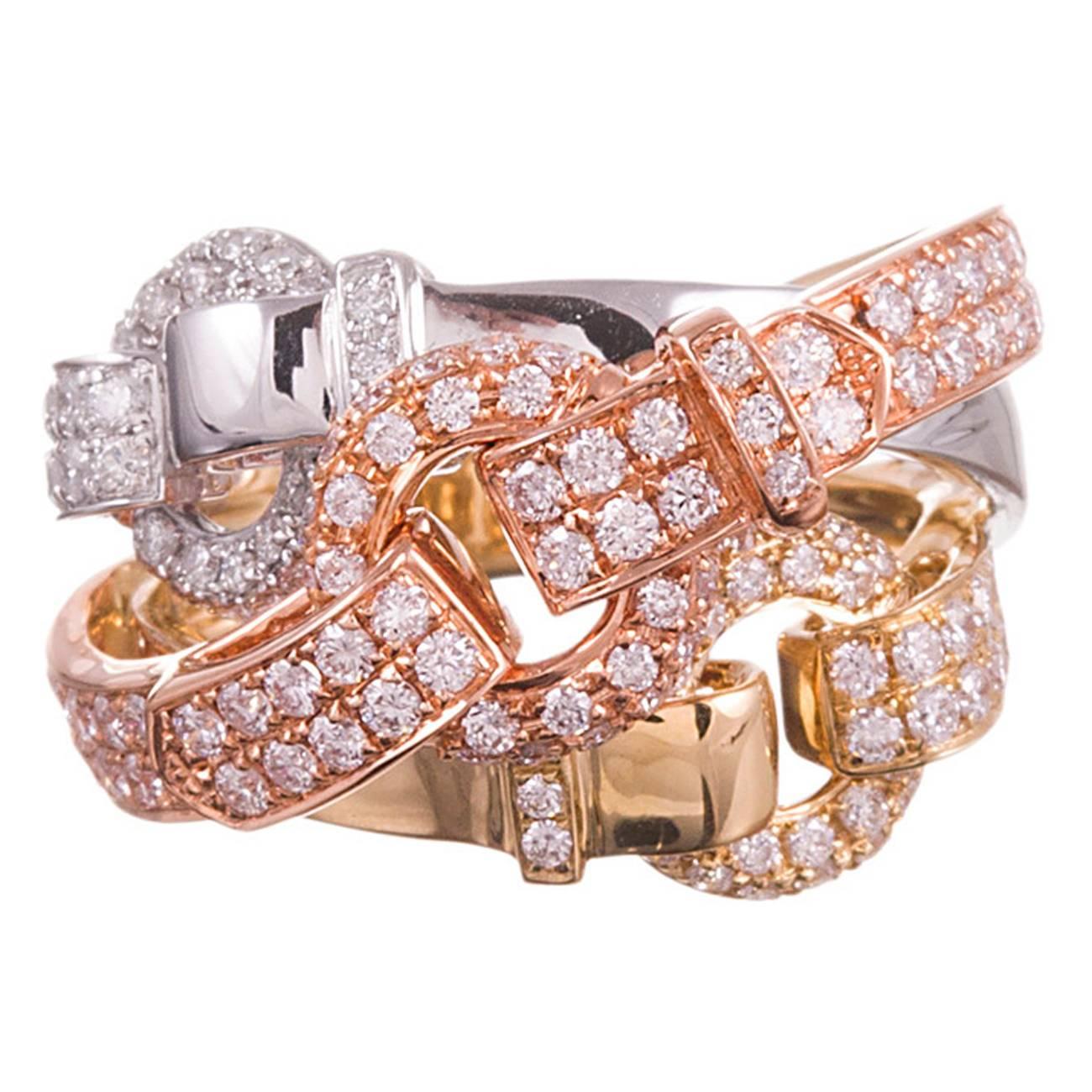Tri Color Gold and Diamond Buckle Ring