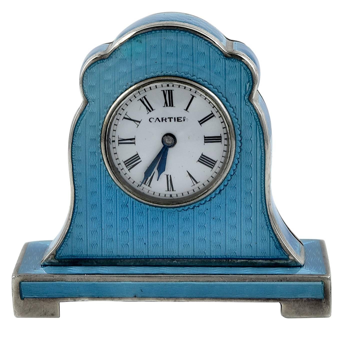 Cartier Antique Enamel Silver Miniature Mantel Clock
