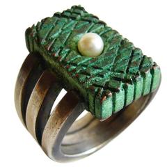 Vintage James Parker Pearl Sterling Silver Patinated Copper Ring