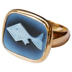 Vintage 1963 Georges Braque Doris Blue Cameo Gold Ring 
