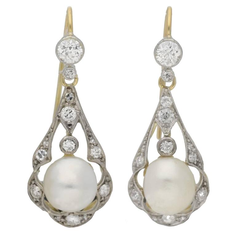 Antique natural pearl diamond Gold Platinum chandelier earrings For ...