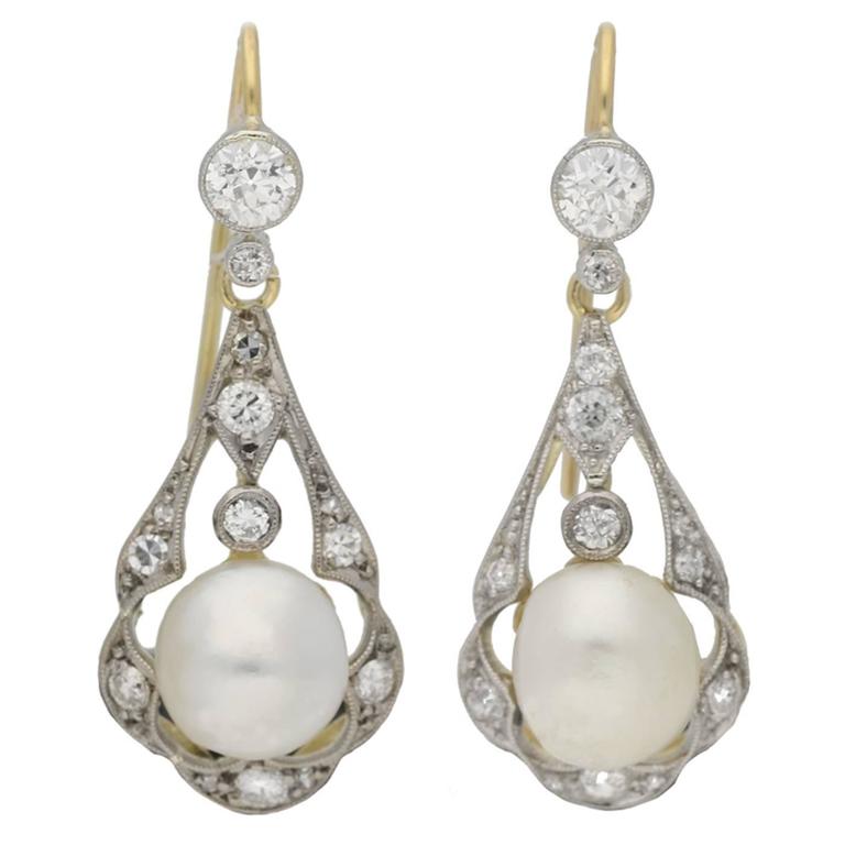 Antique Natural Pearl Diamond Gold Platinum Chandelier Earrings For Antique Natural Pearl Diamond Gold Platinum Chandelier Earrings For