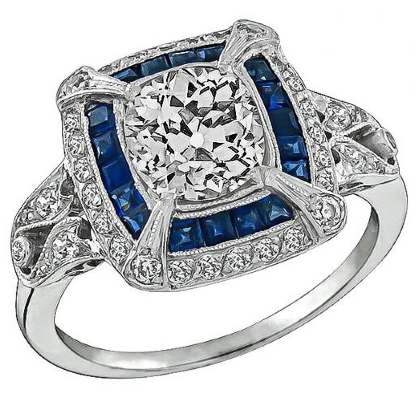 Art Deco 1.27ct. Cushion Cut Diamond Sapphire Ring