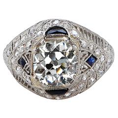Antique Art Deco 1.72 Carat old mine cut diamond sapphire Platinum Ring