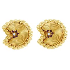 David Webb Ruby Diamond Gold Fan Earrings