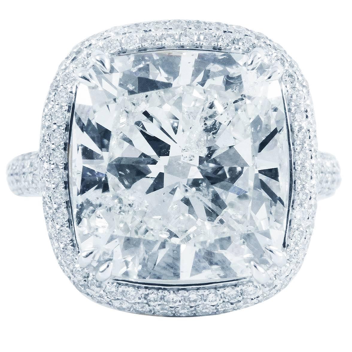 11.38 Carat Cushion Diamond Gold Halo Engagement Ring  For Sale