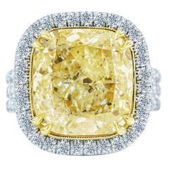 11.58 Carat GIA Cushion Fancy Light Yellow Diamond Gold Halo Engagement Ring