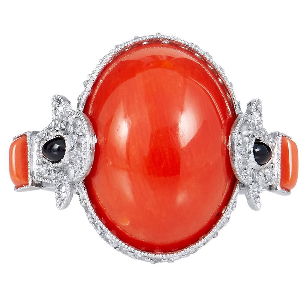 Art Deco Inspired 8.20 Carat Red Coral with Onyx Diamonds Platinum Ring 7