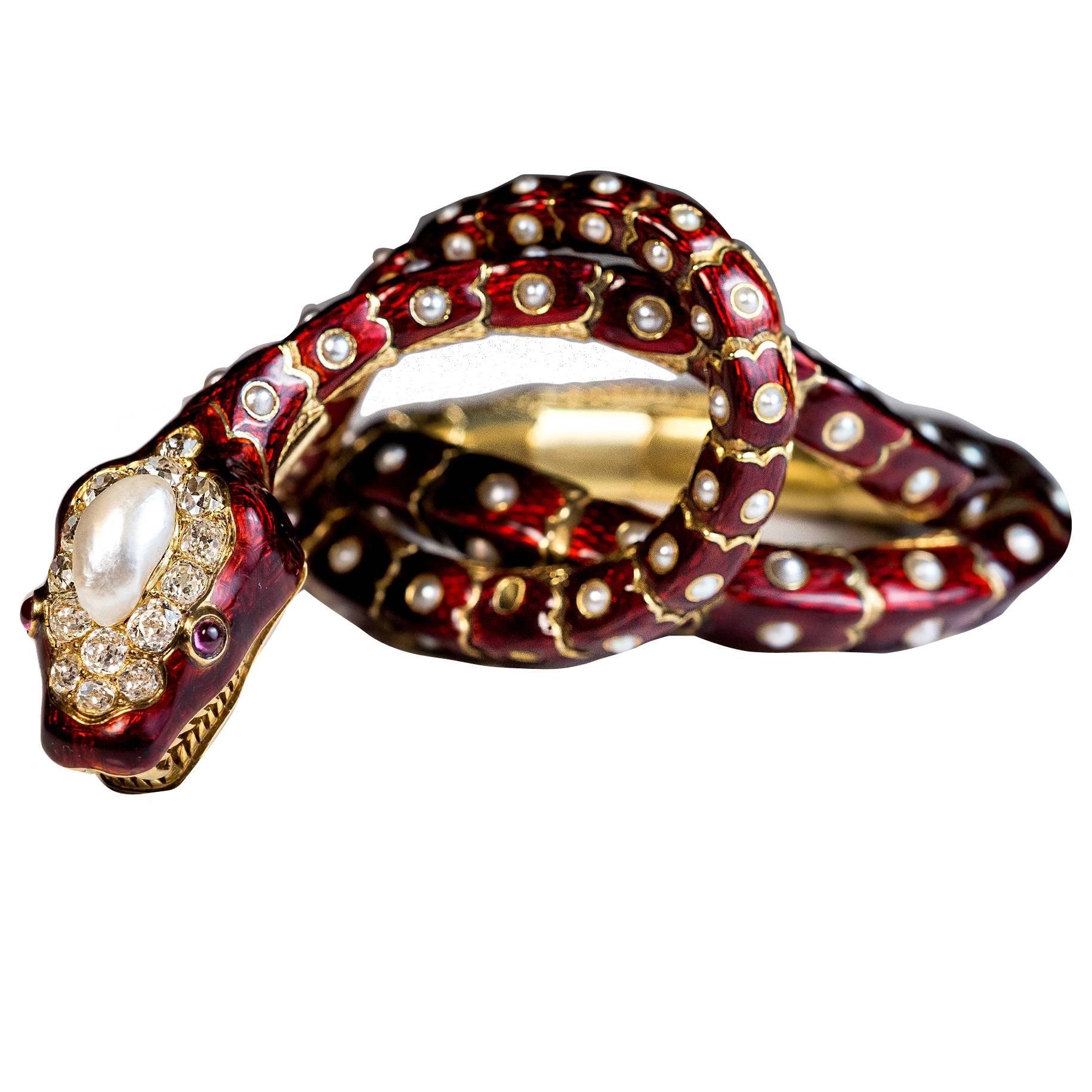 Antique French Pearl Ruby Diamond Gold Convertible Snake Bracelet Necklace 1860 For Sale