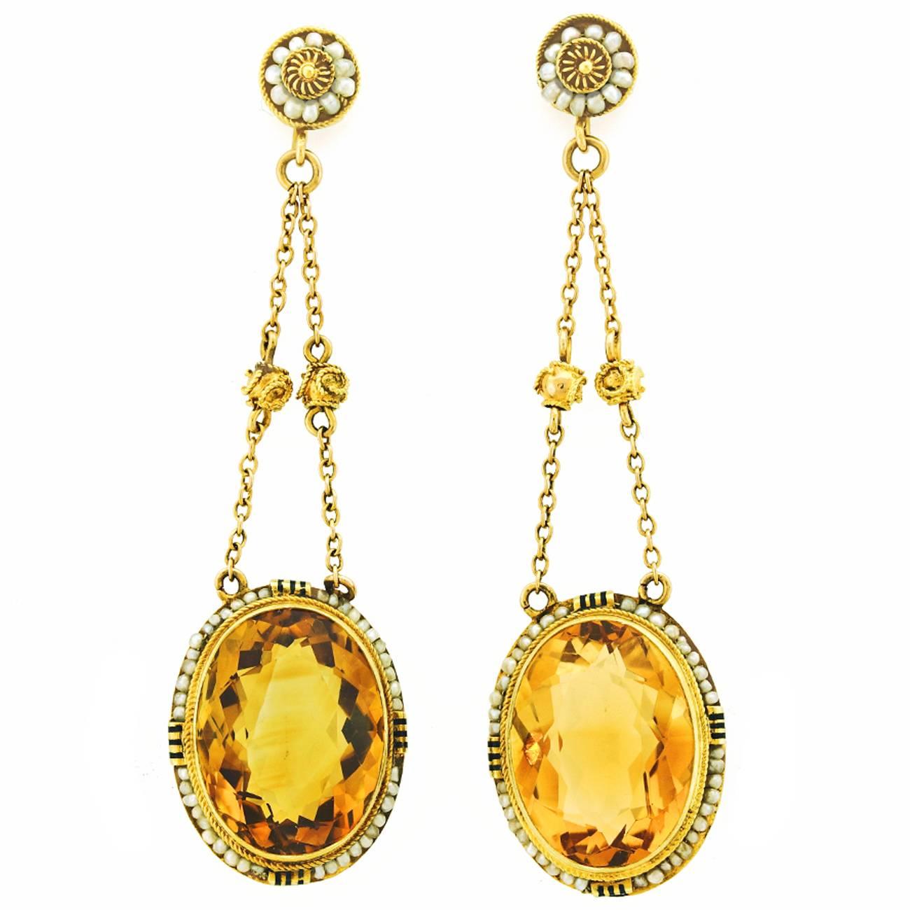 Antique Citrine and Pearl Dangle Earrings