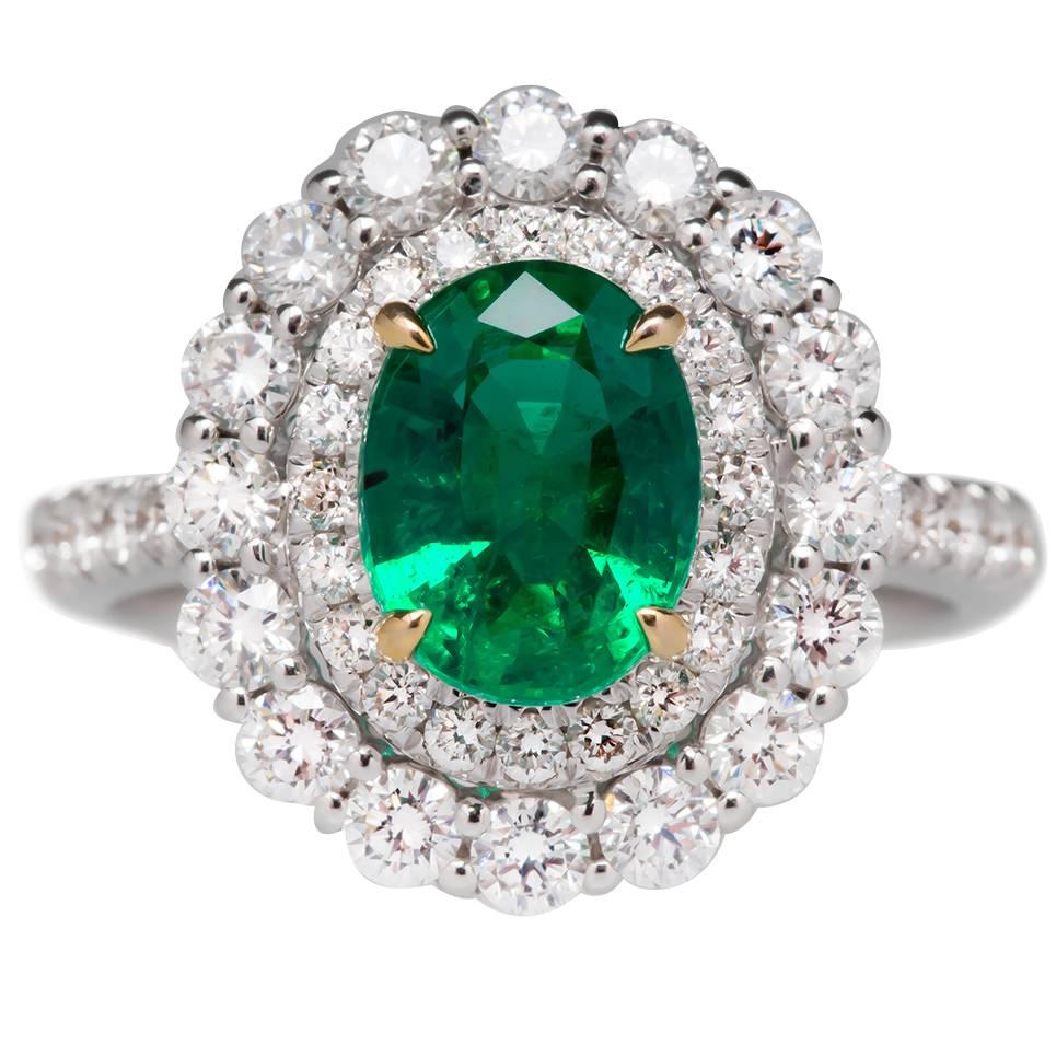 Emerald Diamond Gold Halo Cocktail Ring  For Sale