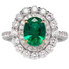 Emerald Diamond Gold Halo Cocktail Ring 