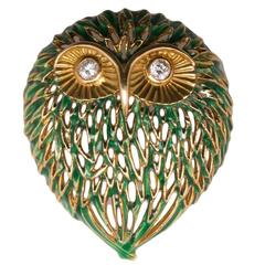 Vintage Green Enamel Diamond Gold Owl Brooch Pin 