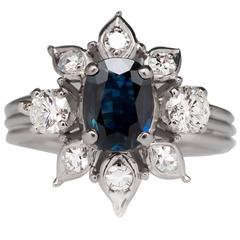 Vintage Blue Sapphire Diamond Gold Starburst Cocktail Ring