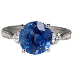 3.45 Carat Round Blue Sapphire Diamond Platinum Engagement Ring