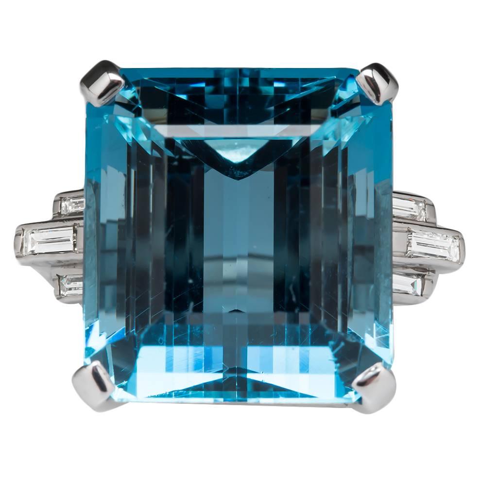 1950s 27 Carat Aquamarine Diamond Platinum Cocktail Ring For Sale