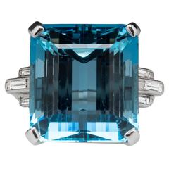 1950s 27 Carat Aquamarine Diamond Platinum Cocktail Ring