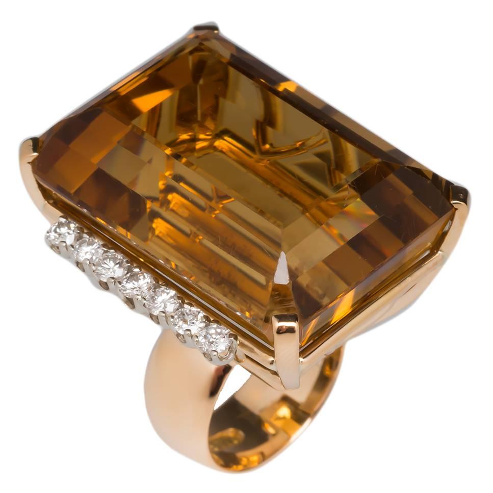 Massive 80 Carat Citrine Diamond Gold Cocktail Ring  For Sale