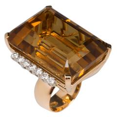 Massive 80 Carat Citrine Diamond Gold Cocktail Ring 