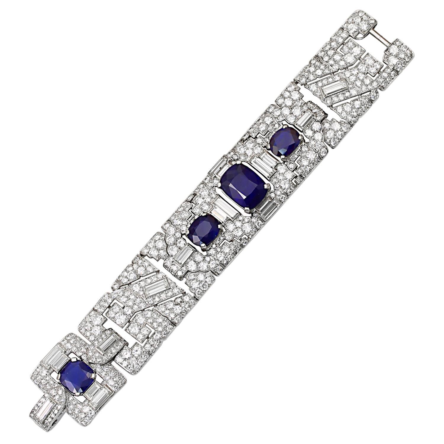Cartier Art Deco Sapphire Diamond Platinum Link Bracelet For Sale