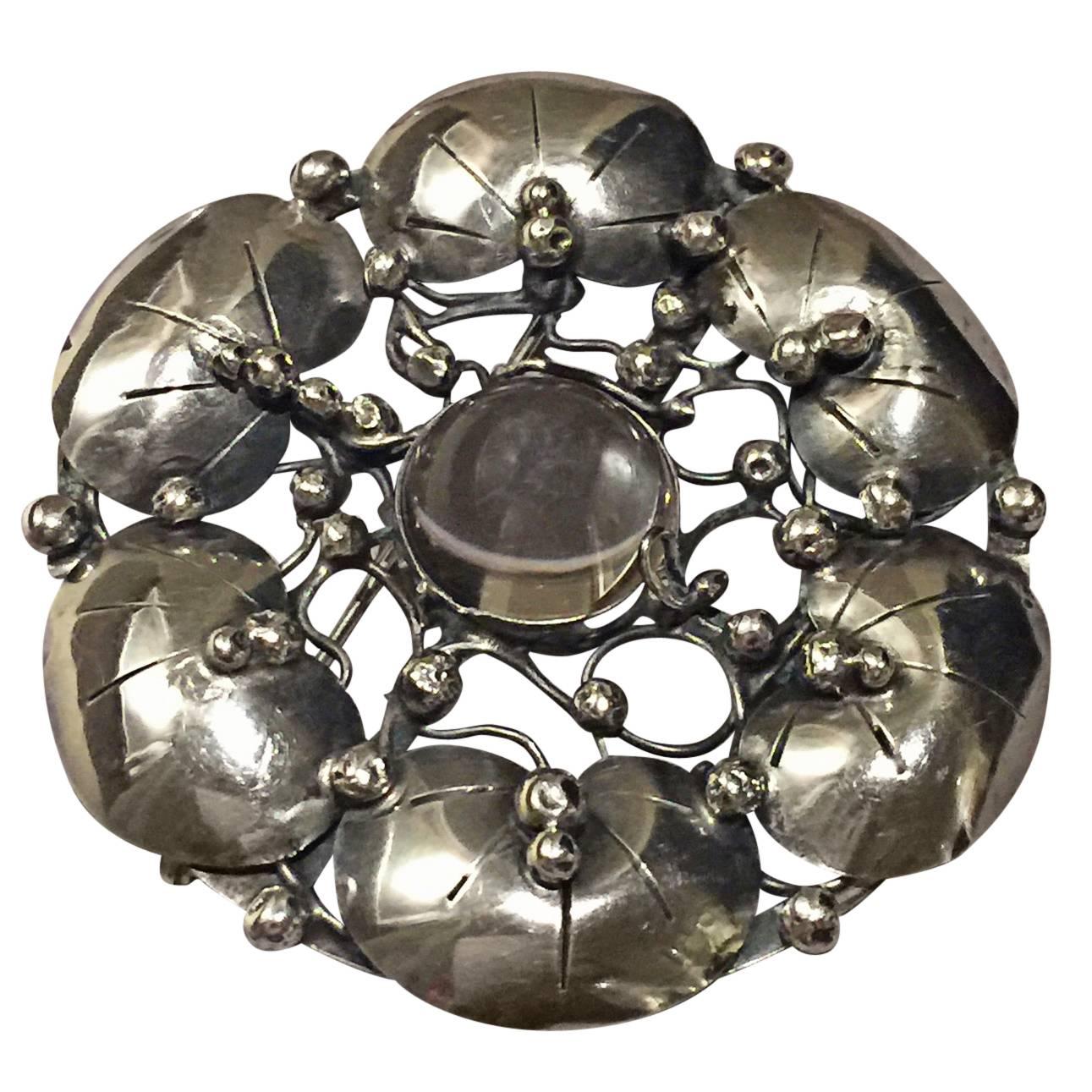 Mary Gage Large Sterling Silver Brooch with Rock Crystal Cabochon