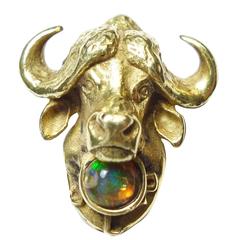 Art Nouveau Water Buffalo Opal Gold Brooch