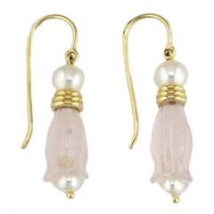 Hand Carved Rose Quartz Pearl Gold Tulip Earrings 5