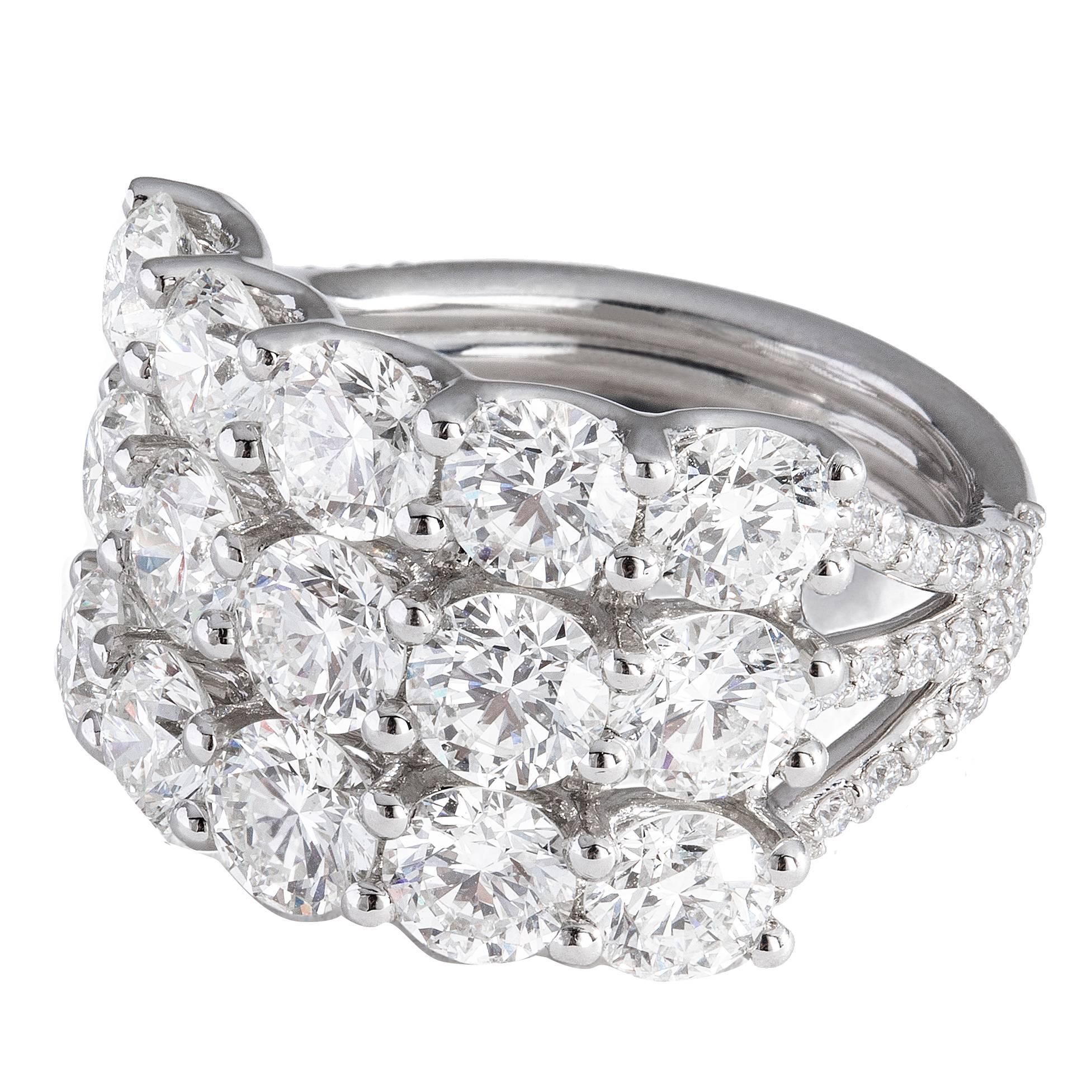 Triple row platinum diamond ring For Sale