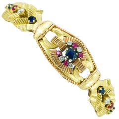 Retro Ruby Sapphire Diamond Two Color Gold Leaf Motif Link Bracelet