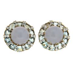Colori Chalcedony Oval Aquamarine Diamond Gold Platinum Round Earrings 1