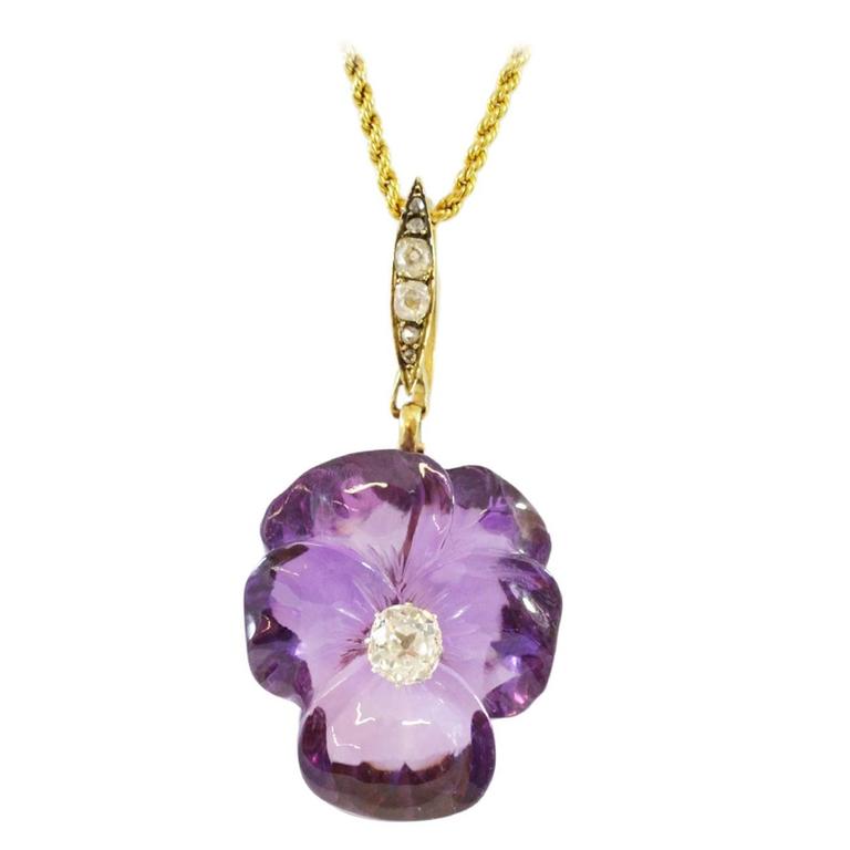 Carved Amethyst Diamond Set Silver Gold Flower Pendant For At Carved Amethyst Diamond Set Silver Gold Flower Pendant For