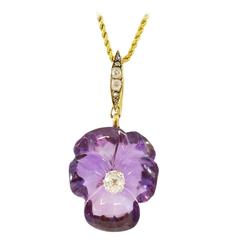 Antique Carved Amethyst Diamond Set Silver Gold Flower Pendant