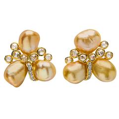 Rare Keshi Pearl Diamond Gold Earrings