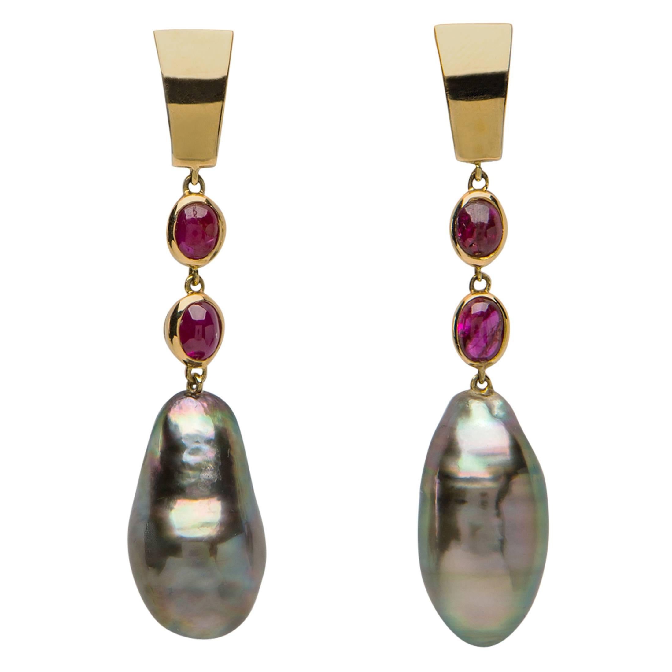 Tahitian Pearl Burma Ruby Gold Drop Earrings