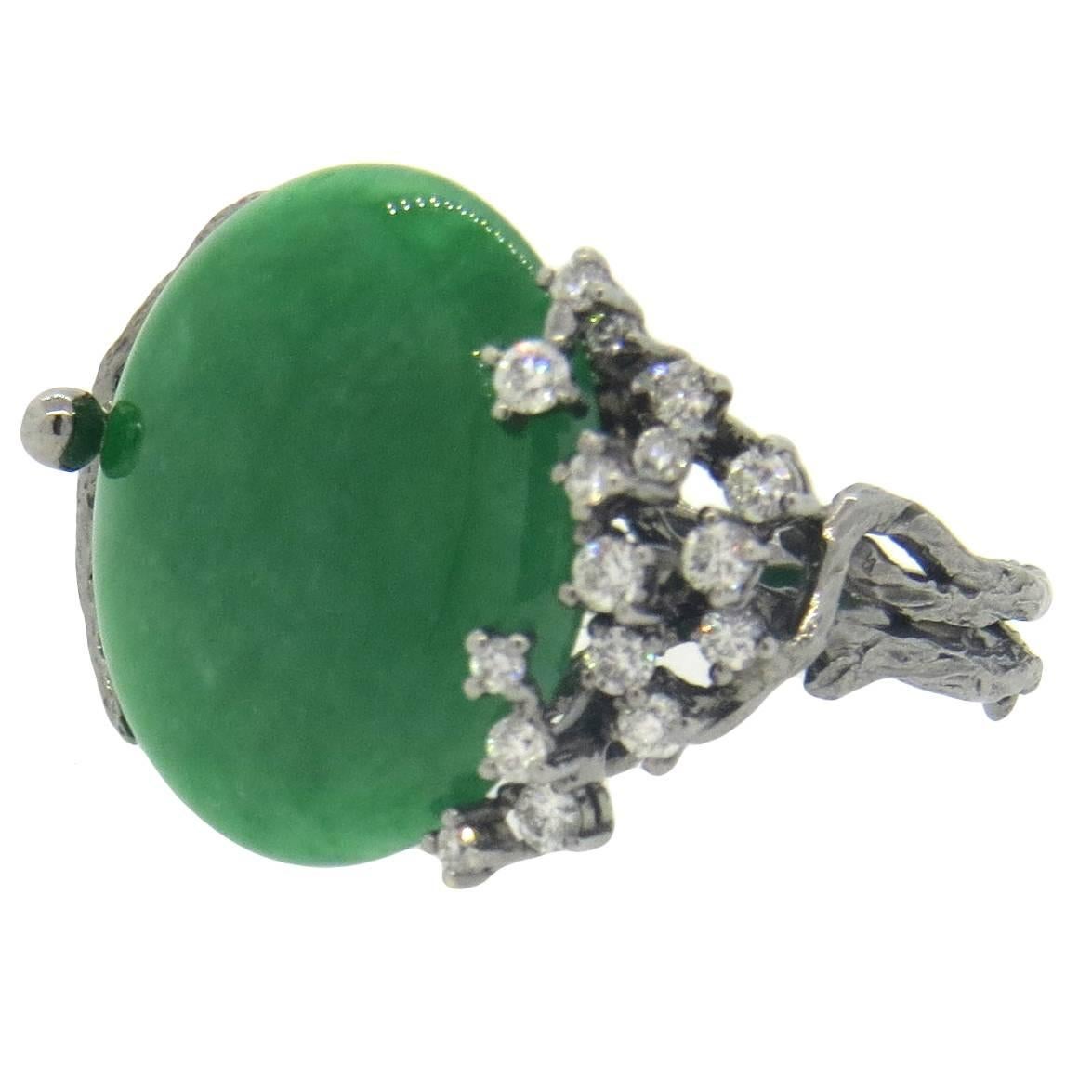 Certified Natural Green Jadeite Jade Diamond Gold Naturalistic Ring 