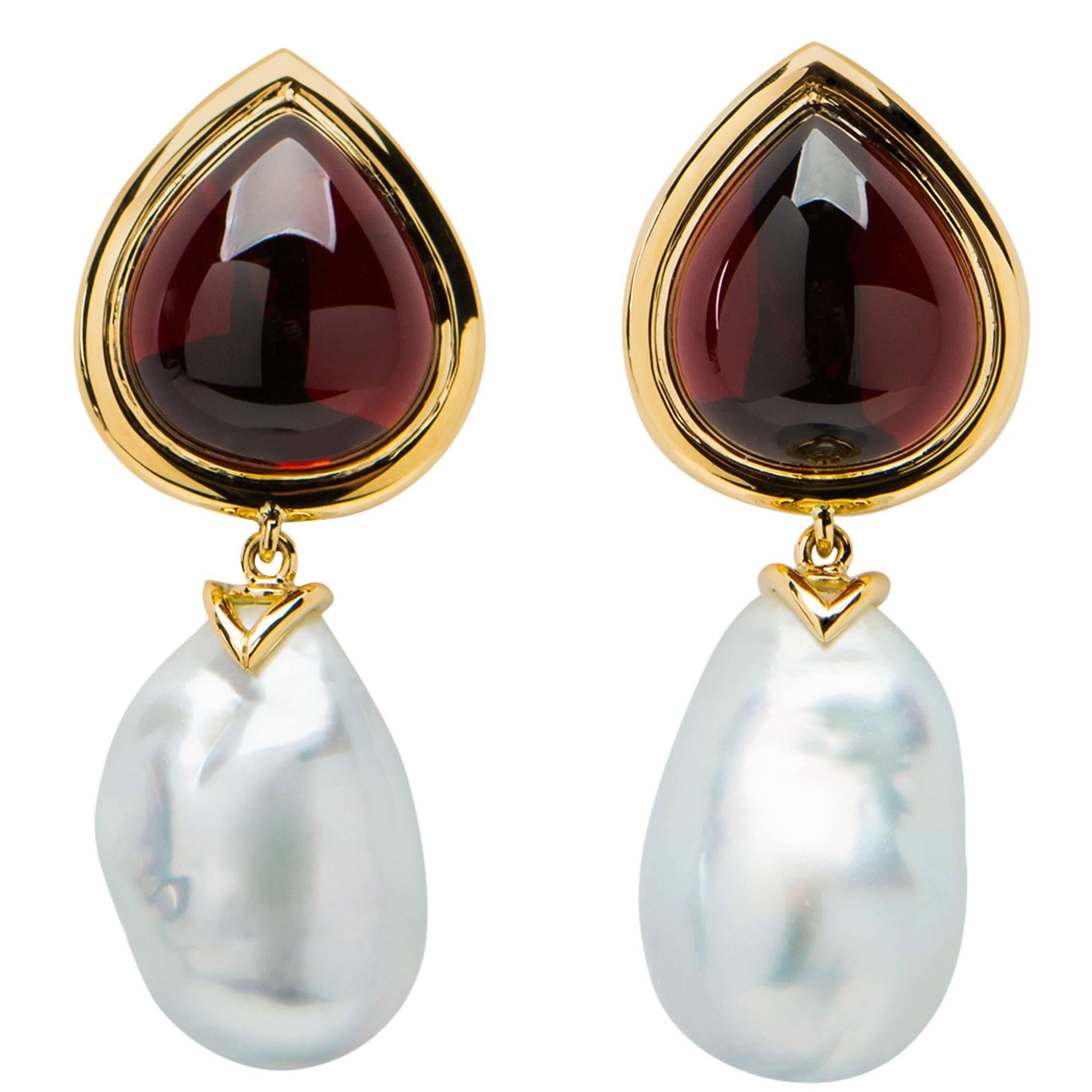 Important Garnet South Sea Baroque Pearl Yellow Gold Drop Earrings