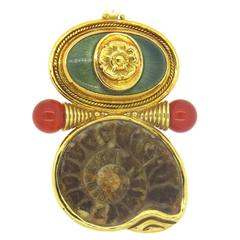 Elizabeth Gage Gold Carnelian Pearl Fossilized Shell Brooch Pin